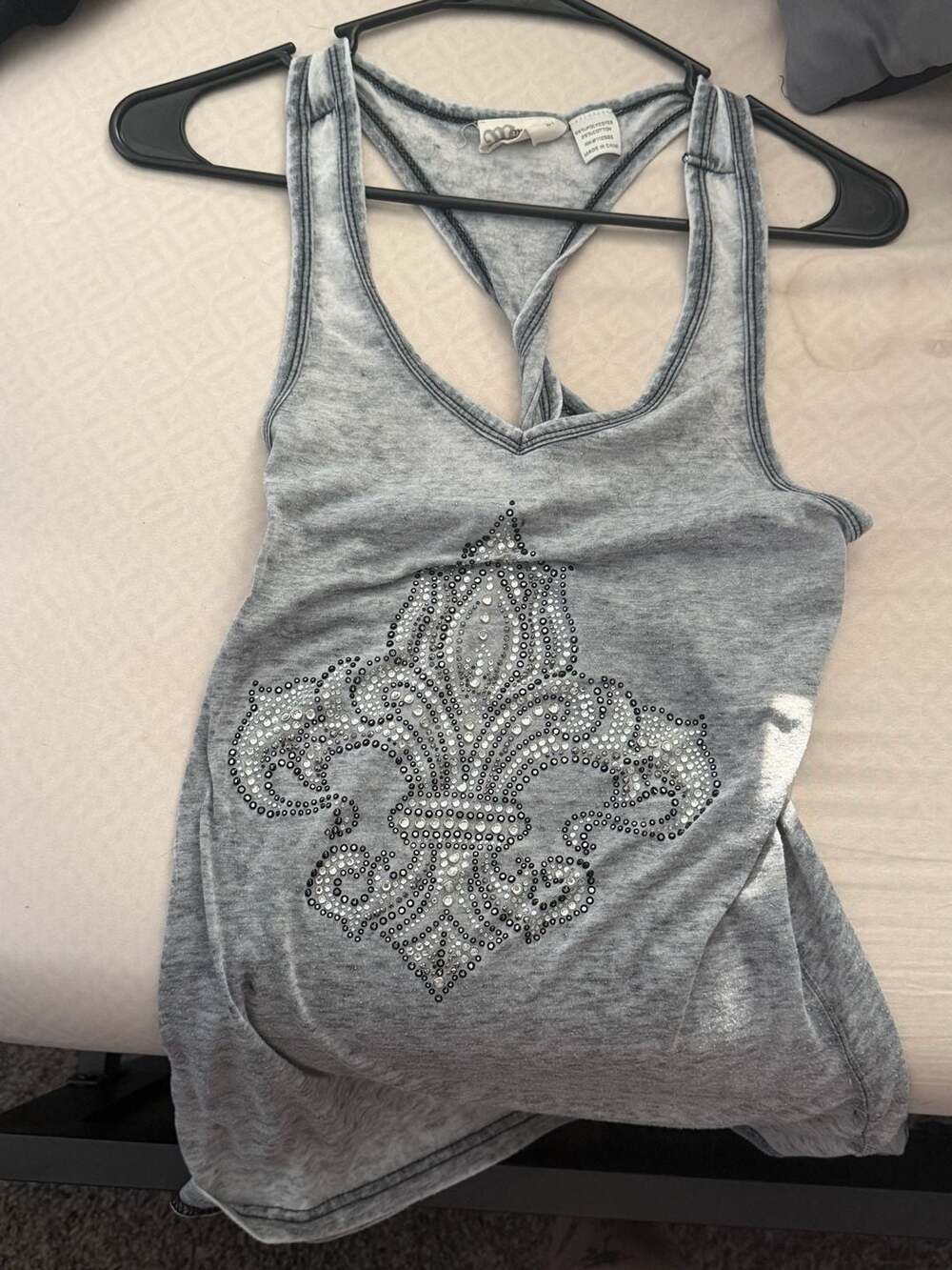Miss Me Gray Rhinestone Embellished Fleur-de-Lis Racerback Tank Top